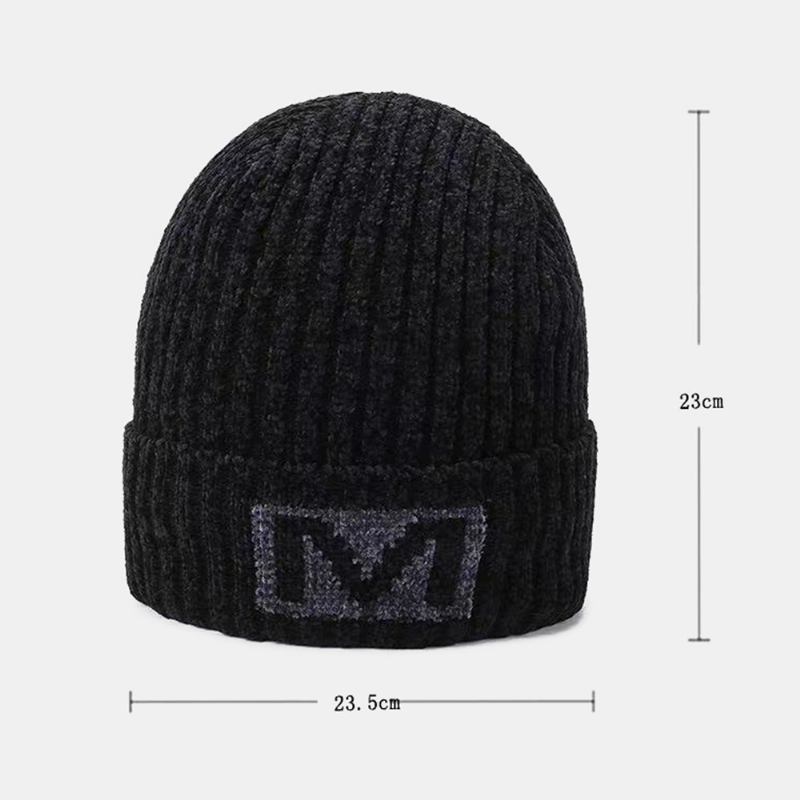 Män Bokstavsmönster Höst Vinter Öronskydd Coolt Skydd Stickad Mössa Elastic Thicken Plus Velvet Warm Hat Beanie Hat