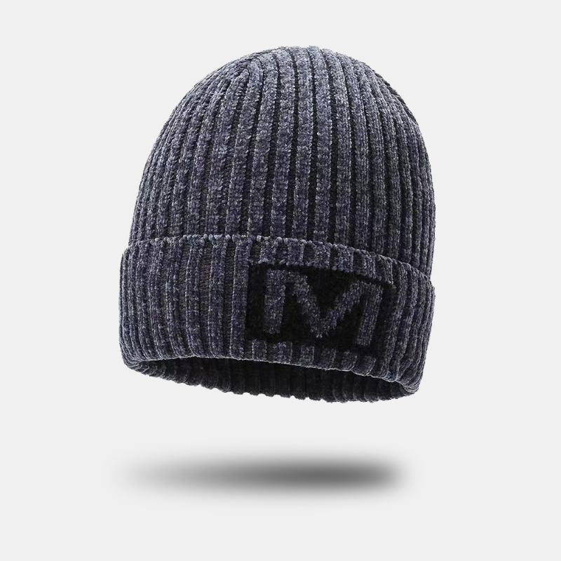 Män Bokstavsmönster Höst Vinter Öronskydd Coolt Skydd Stickad Mössa Elastic Thicken Plus Velvet Warm Hat Beanie Hat