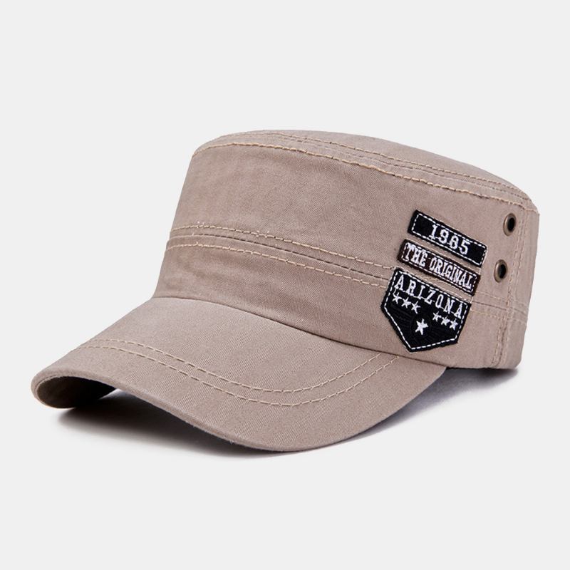 Män Bomull Casual Letter Etikett Patch Militär Keps Kadett Hatt Utomhus Justerbar Solskydd Flat Top Cap