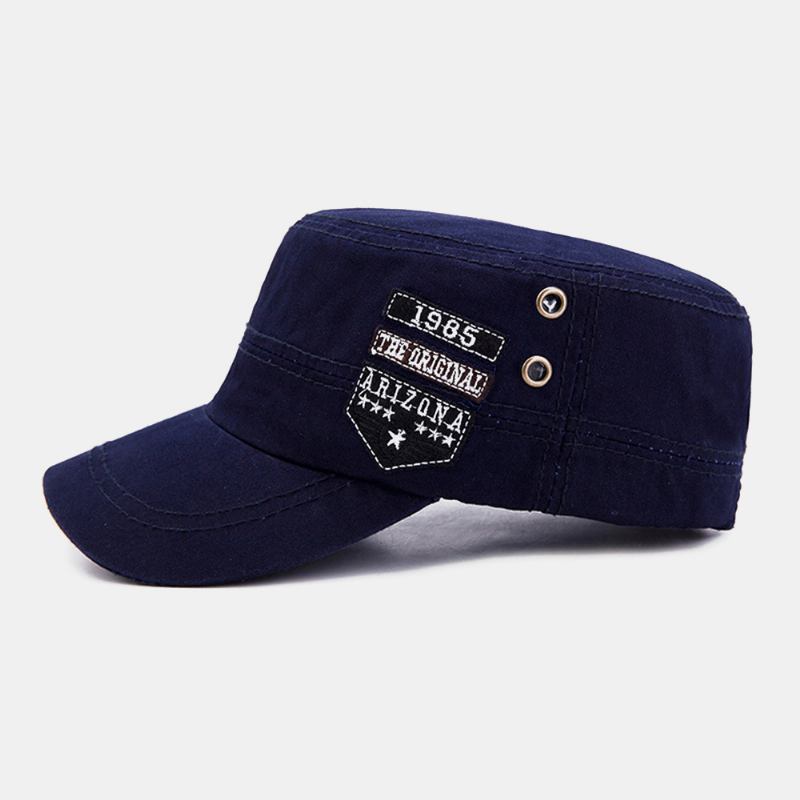 Män Bomull Casual Letter Etikett Patch Militär Keps Kadett Hatt Utomhus Justerbar Solskydd Flat Top Cap