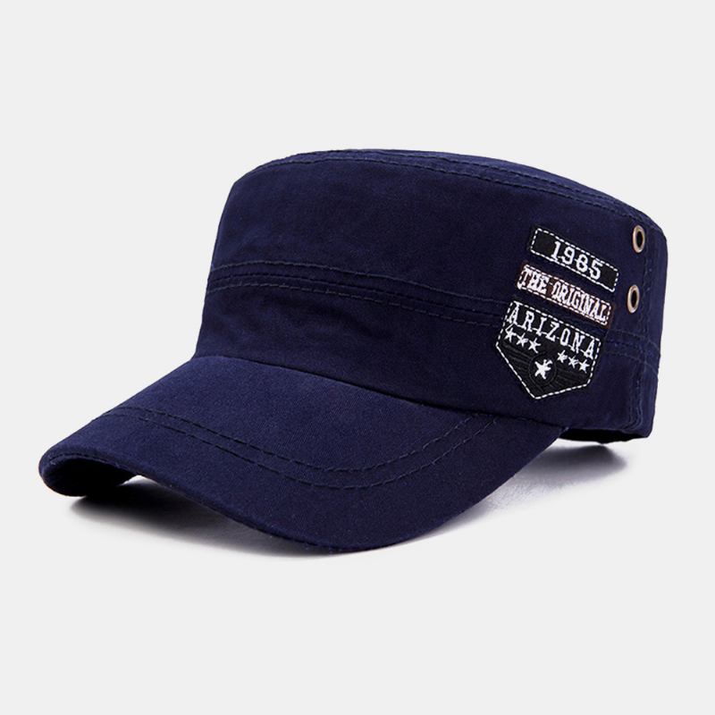 Män Bomull Casual Letter Etikett Patch Militär Keps Kadett Hatt Utomhus Justerbar Solskydd Flat Top Cap