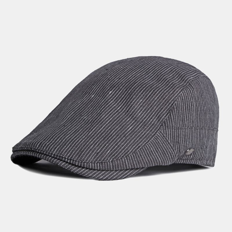 Män Bomull Linne Pinstripe Basker Cap Brittisk Retro Metalletikett Justerbar Casual Flat Cap