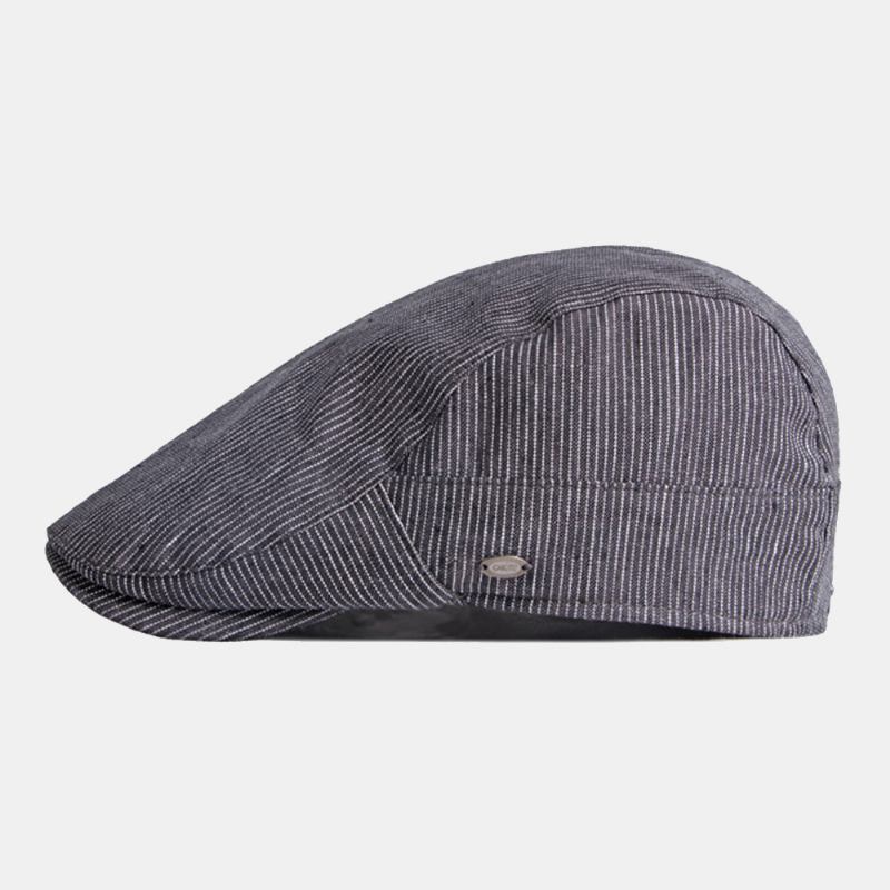 Män Bomull Linne Pinstripe Basker Cap Brittisk Retro Metalletikett Justerbar Casual Flat Cap