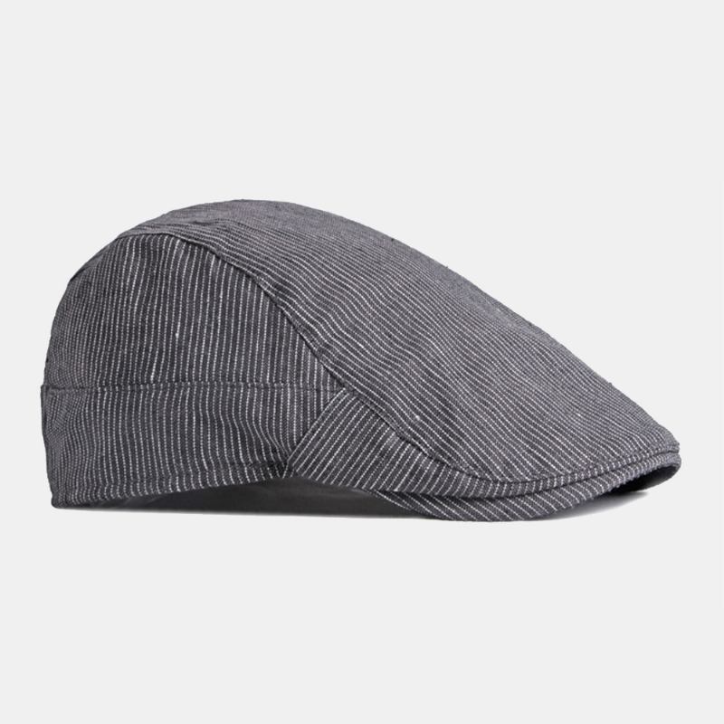 Män Bomull Linne Pinstripe Basker Cap Brittisk Retro Metalletikett Justerbar Casual Flat Cap