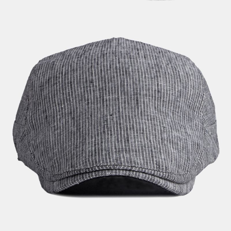 Män Bomull Linne Pinstripe Basker Cap Brittisk Retro Metalletikett Justerbar Casual Flat Cap