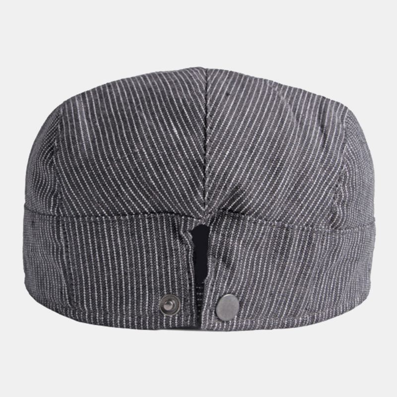 Män Bomull Linne Pinstripe Basker Cap Brittisk Retro Metalletikett Justerbar Casual Flat Cap