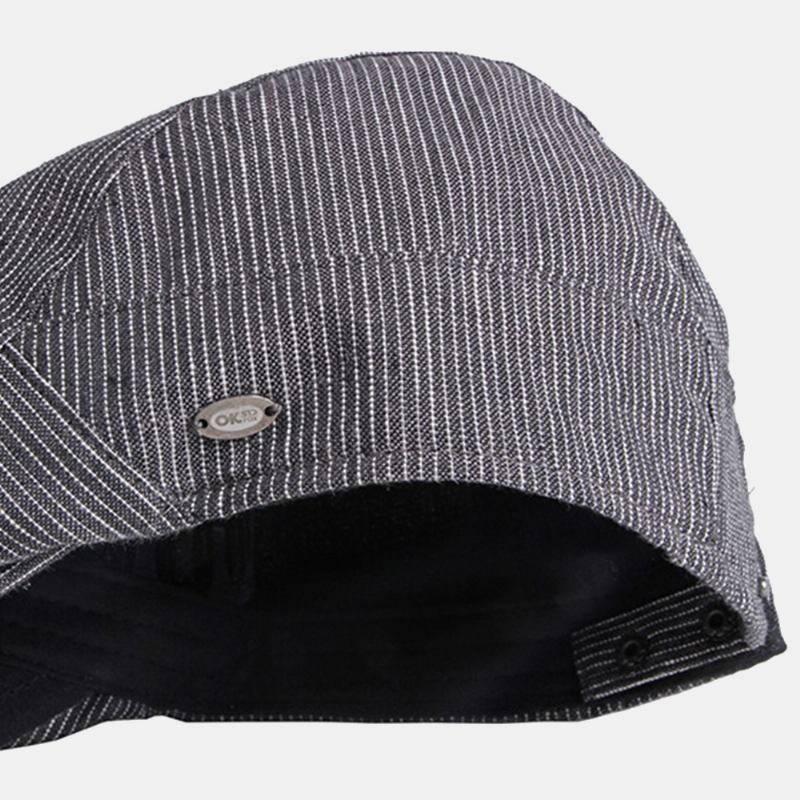 Män Bomull Linne Pinstripe Basker Cap Brittisk Retro Metalletikett Justerbar Casual Flat Cap