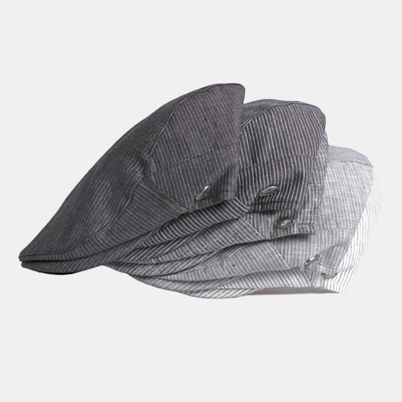 Män Bomull Linne Pinstripe Basker Cap Brittisk Retro Metalletikett Justerbar Casual Flat Cap