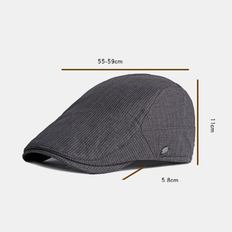 Män Bomull Linne Pinstripe Basker Cap Brittisk Retro Metalletikett Justerbar Casual Flat Cap