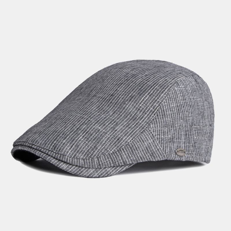 Män Bomull Linne Pinstripe Basker Cap Brittisk Retro Metalletikett Justerbar Casual Flat Cap