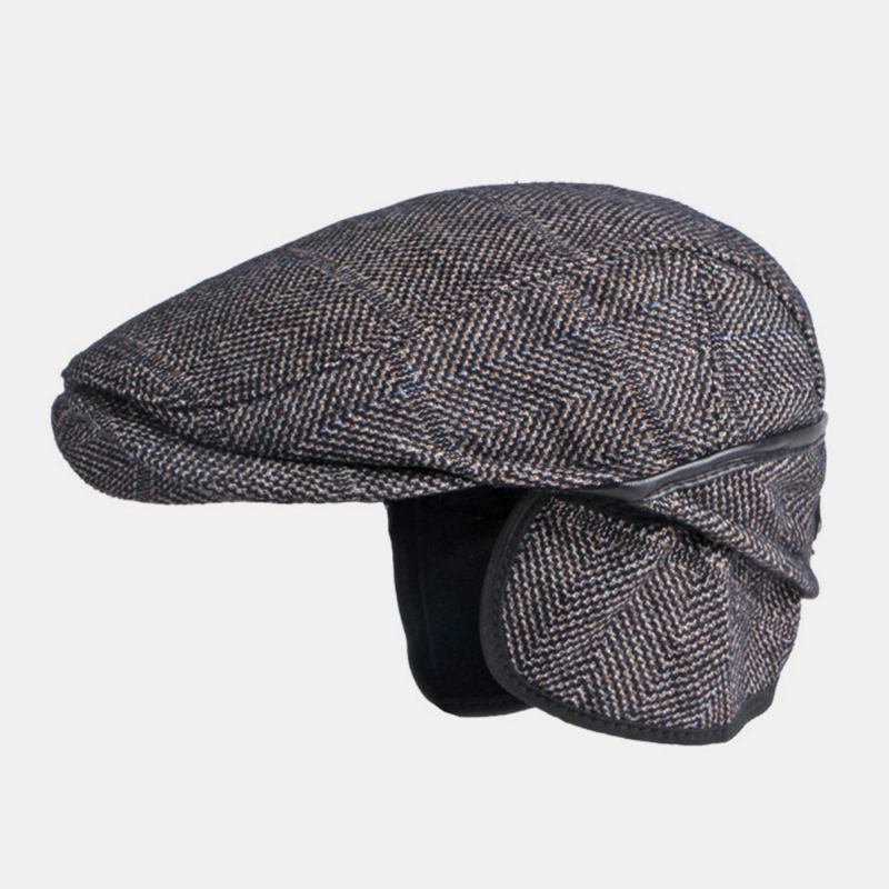 Män Enfärgad Hörselskydd Hörselkåpor Design Vindtät Platt Hatt Brittisk Retro Tjock Varm Baskerkeps Framåt Hatt