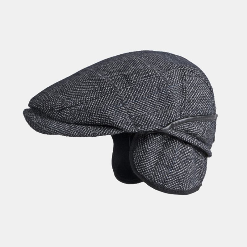 Män Enfärgad Hörselskydd Hörselkåpor Design Vindtät Platt Hatt Brittisk Retro Tjock Varm Baskerkeps Framåt Hatt