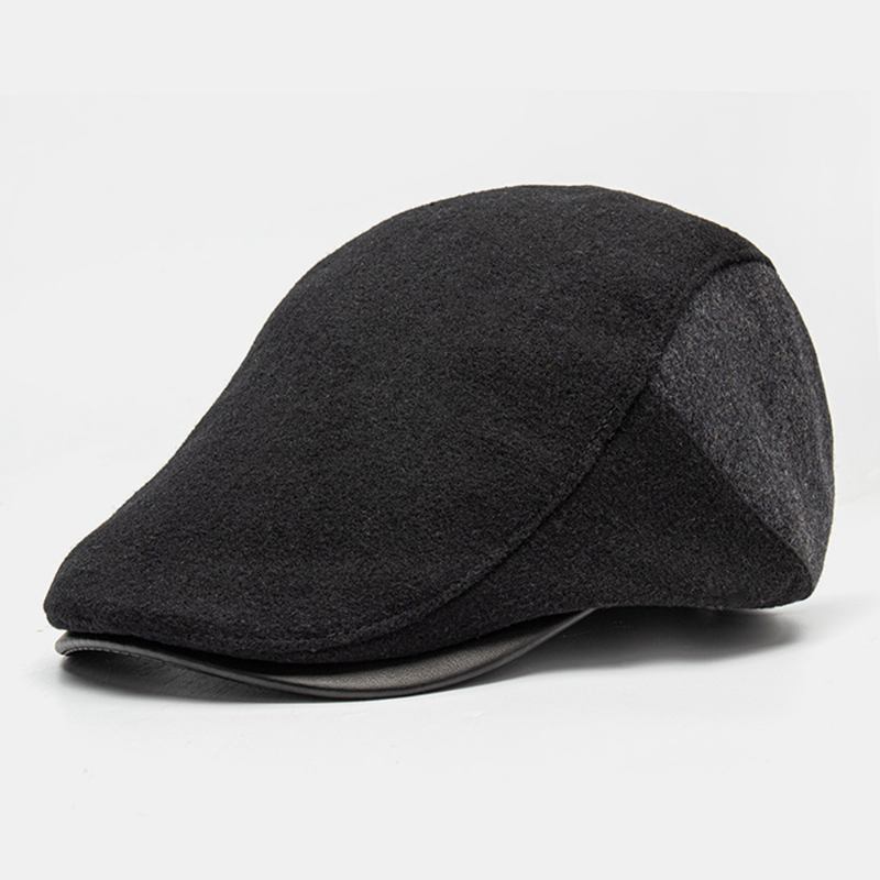 Män Färgmatchande Läderbrätte Flat Cap Höst Vinter Varm Casual Vilda Basker Framåt Hatt