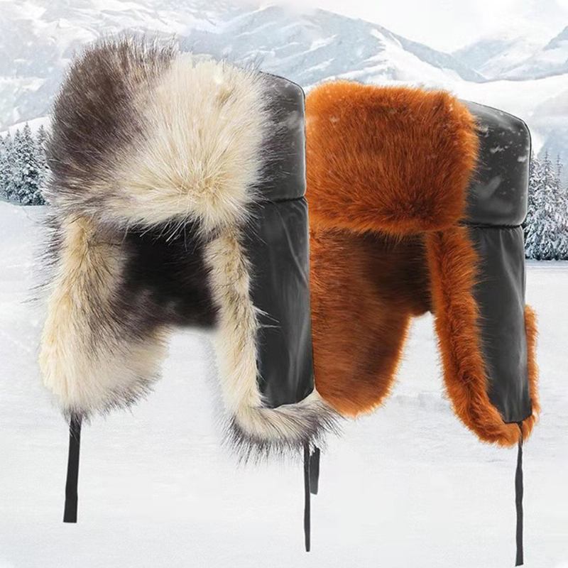 Män Faux Fox Fur Tjocka Varm Vindtät Trapper Hat Vinter Outdoor Ridning Öronskydd Ushanka Hat