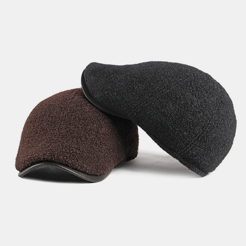 Män Filt Öronskydd Vinter Utomhus Enfärgad Casual Universal Plus Thicken Plus Velvet Basker Hat Framåt Hatt