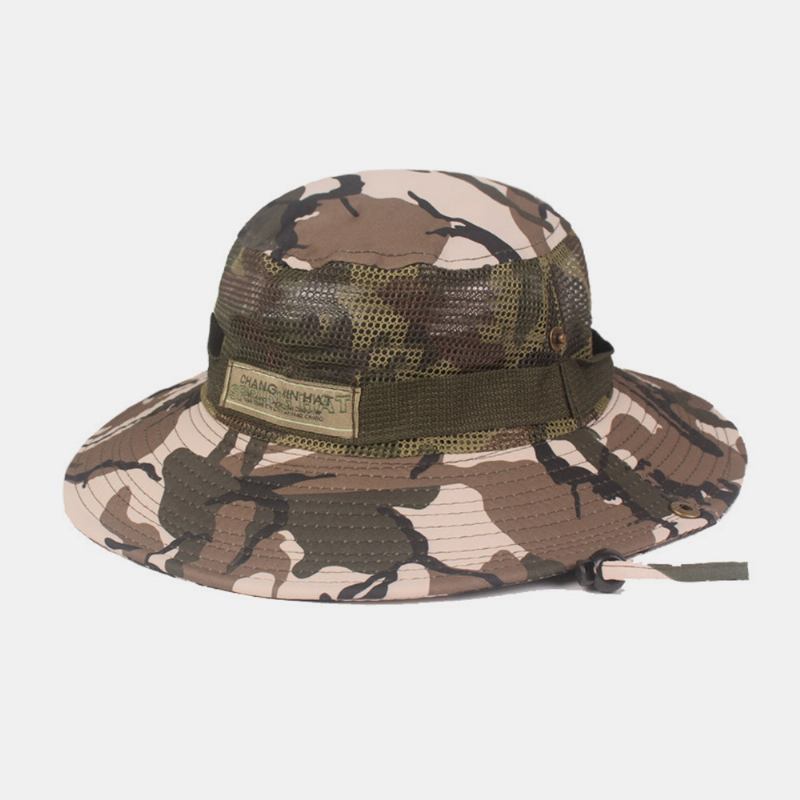 Män Kamouflage Mesh Andas Stor Brätte Utomhus Bergsklättring Sunshade Bucket Hat