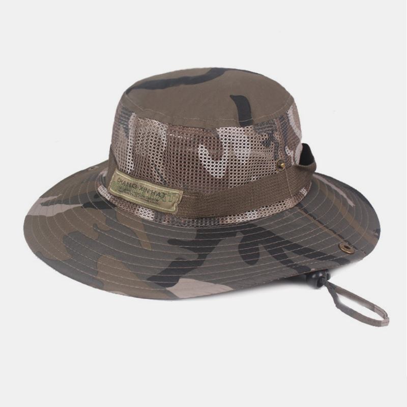 Män Kamouflage Mesh Andas Stor Brätte Utomhus Bergsklättring Sunshade Bucket Hat