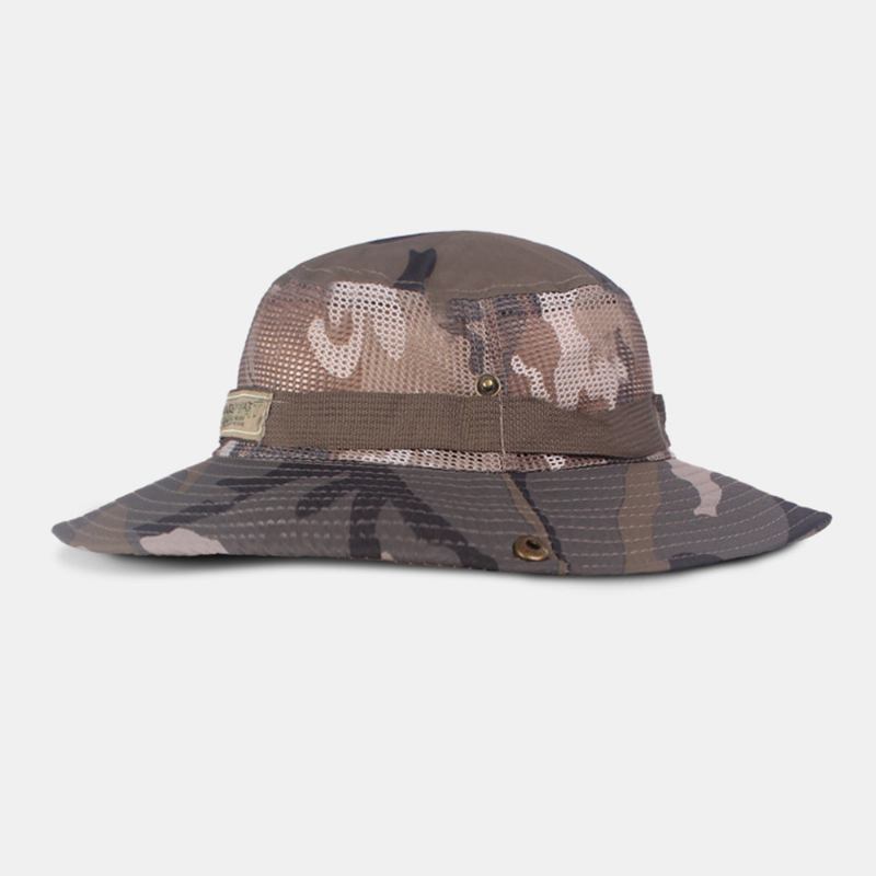 Män Kamouflage Mesh Andas Stor Brätte Utomhus Bergsklättring Sunshade Bucket Hat