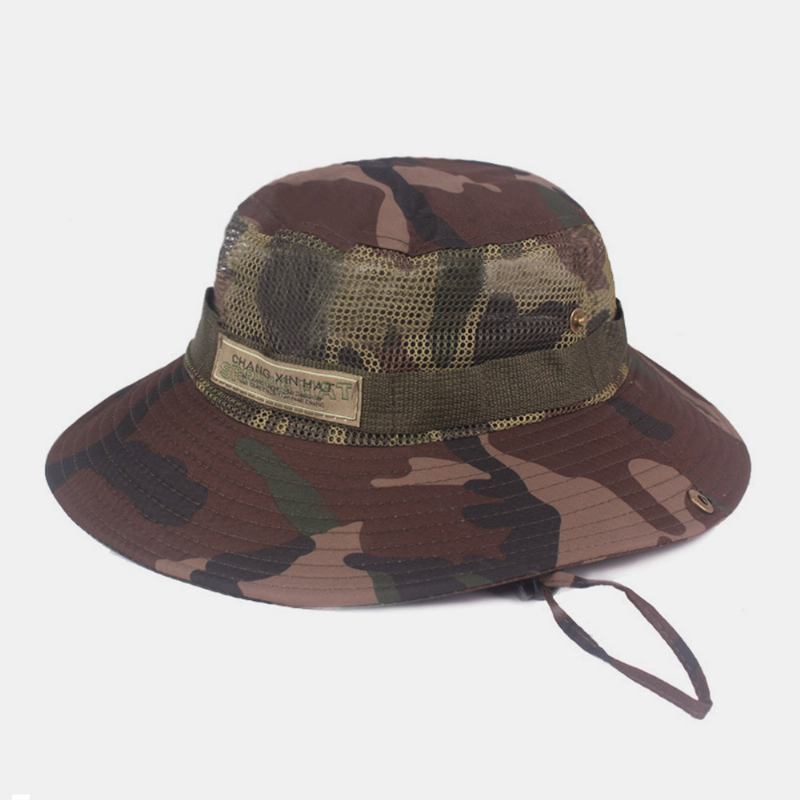 Män Kamouflage Mesh Andas Stor Brätte Utomhus Bergsklättring Sunshade Bucket Hat