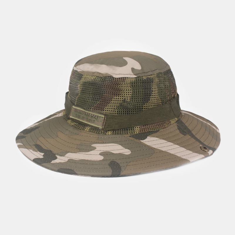 Män Kamouflage Mesh Andas Stor Brätte Utomhus Bergsklättring Sunshade Bucket Hat