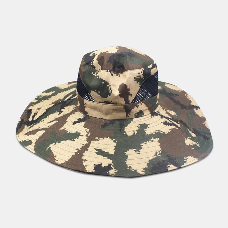 Män Kamouflage Mesh Andas Stor Brätte Utomhus Fiske Klättring Solskydd Bucket Hat