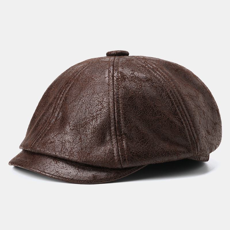 Män Knäckt Pu-läder Newsboy Hat Retro Basker Kepsar