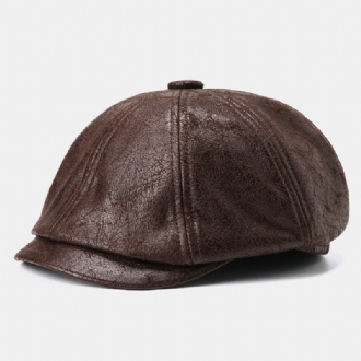 Män Knäckt Pu-läder Newsboy Hat Retro Basker Kepsar