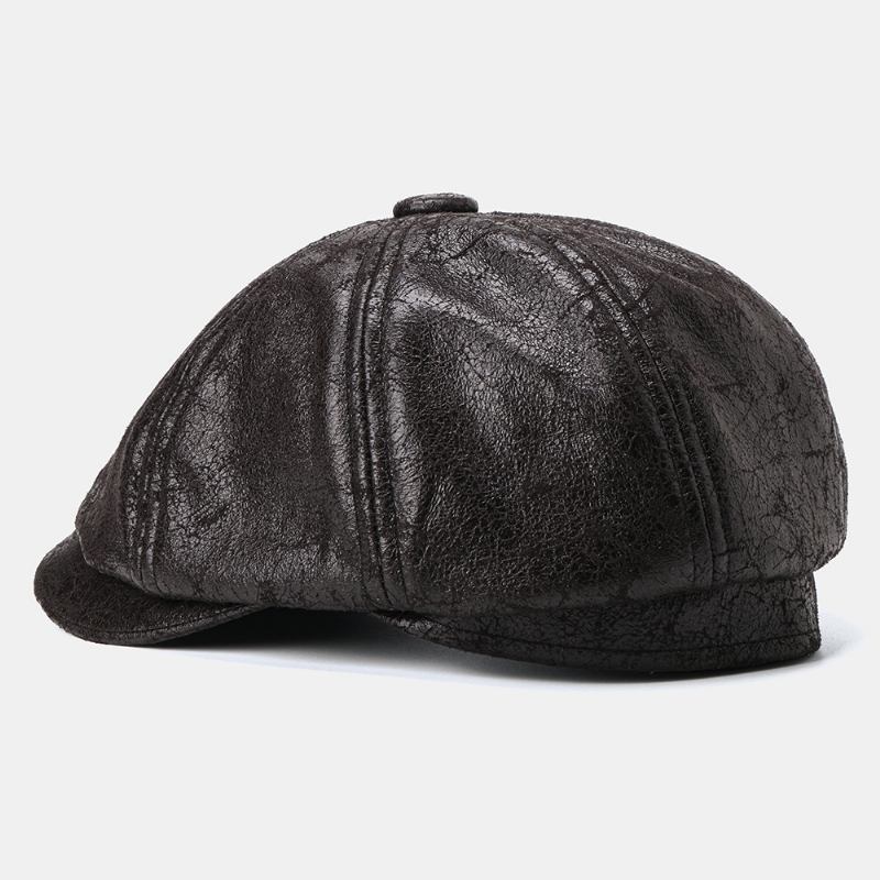 Män Knäckt Pu-läder Newsboy Hat Retro Basker Kepsar