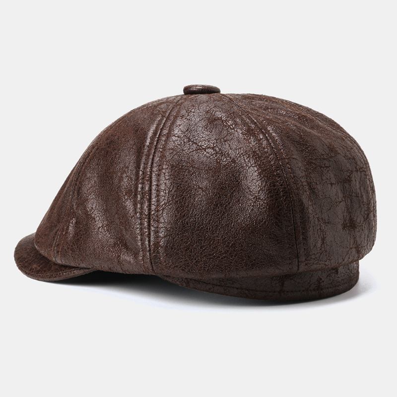 Män Knäckt Pu-läder Newsboy Hat Retro Basker Kepsar