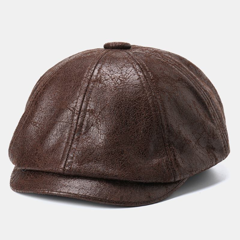 Män Knäckt Pu-läder Newsboy Hat Retro Basker Kepsar