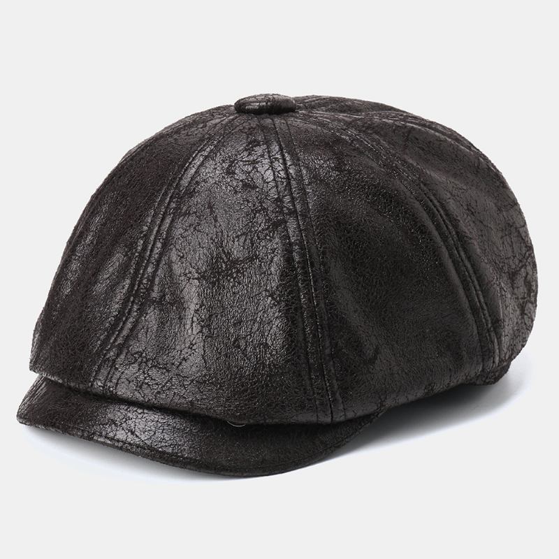 Män Knäckt Pu-läder Newsboy Hat Retro Basker Kepsar