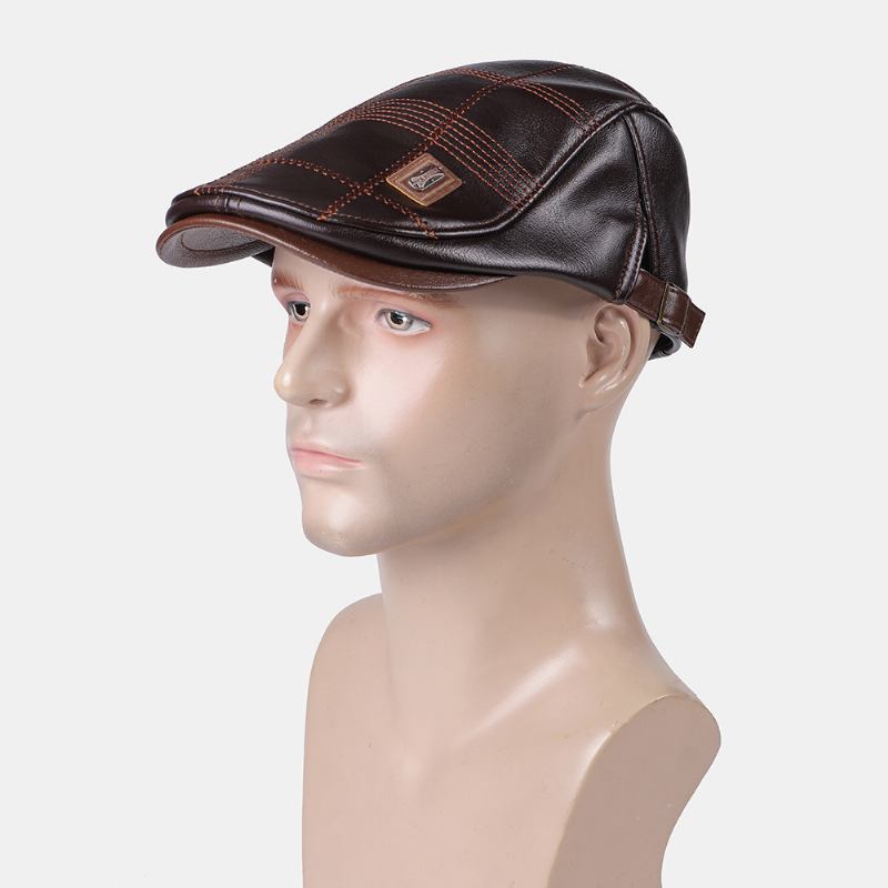 Män Konstläder Randmönster Vintage Solid Färg Framåt Hatt Basker Hatt