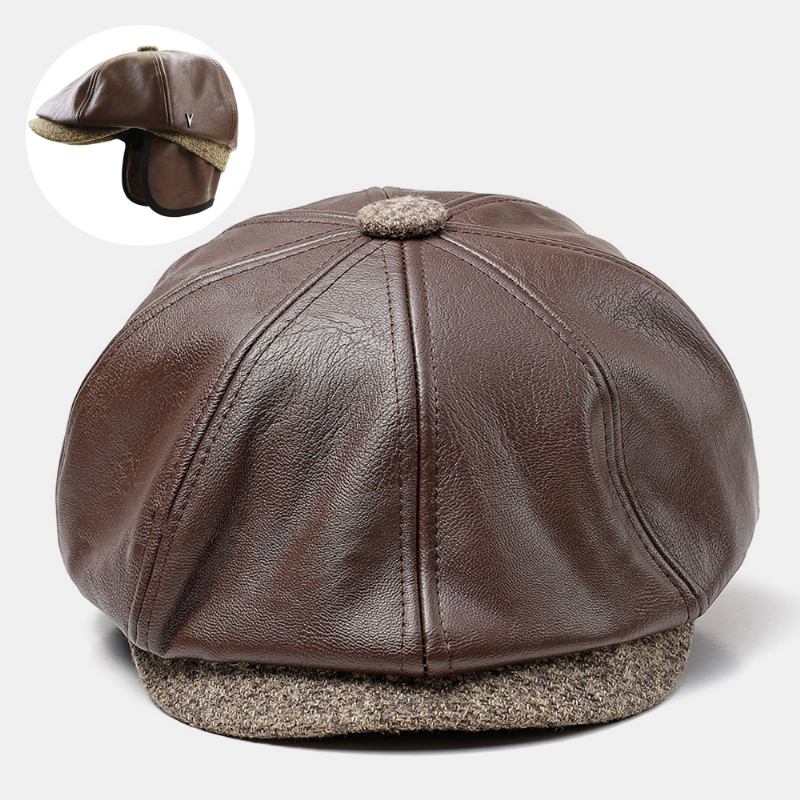 Män Konstläder Retro Casual Enfärgad Hörselskydd Framåt Hatt Åttakantig Hat Basker Cap