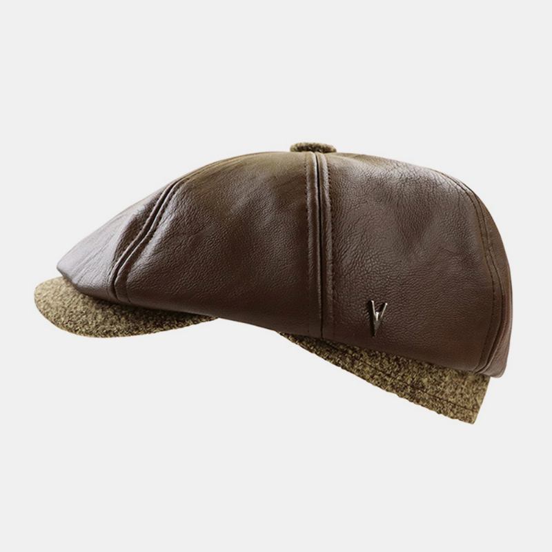 Män Konstläder Retro Casual Enfärgad Hörselskydd Framåt Hatt Åttakantig Hat Basker Cap