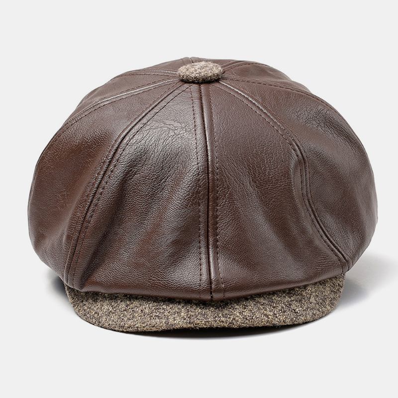 Män Konstläder Retro Casual Enfärgad Hörselskydd Framåt Hatt Åttakantig Hat Basker Cap