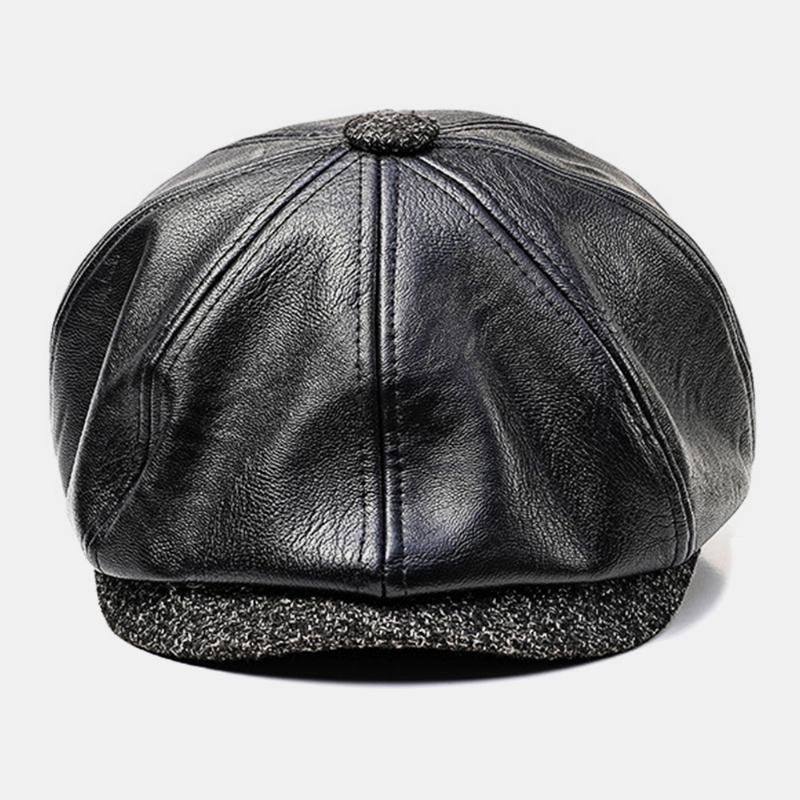 Män Konstläder Retro Casual Enfärgad Hörselskydd Framåt Hatt Åttakantig Hat Basker Cap