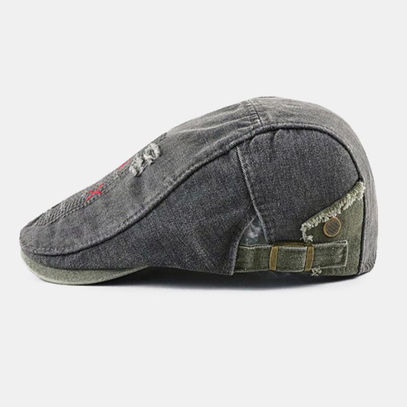 Män Kort Brätte Distressed Slitet Hål Basker Platt Keps Retro Justerbar Andningsbar Framåt Cap Newsboy Hatt