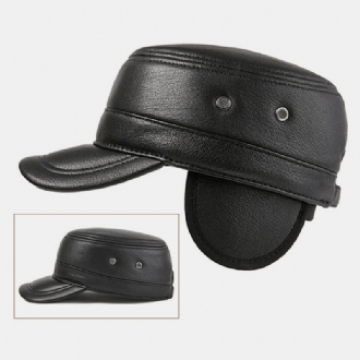 Män Öronskydd I Äkta Läder Håller Värmen Utomhus Vinter Solid Retro Militär Hatt Platt Hatt Peaked Hat