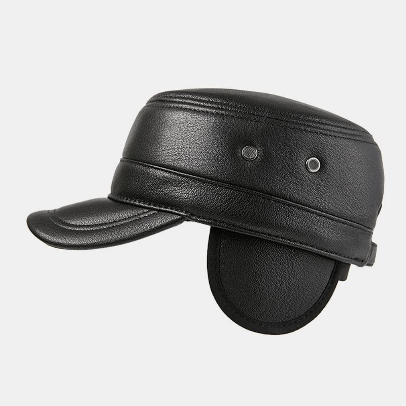 Män Öronskydd I Äkta Läder Håller Värmen Utomhus Vinter Solid Retro Militär Hatt Platt Hatt Peaked Hat