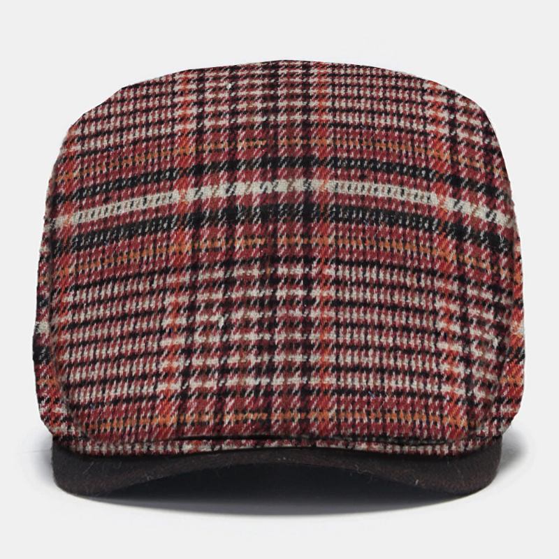 Män Pläd Stickad Basker Flat Cap Side Metal Label Justerbar Newsboy Hat