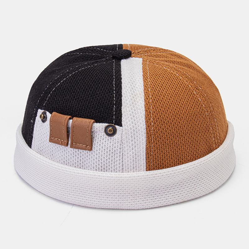 Män Polar Fleece Färgblock Sömmar Dome Beanie Skull Cap Höst Vinter Varm Justerbar Läder Spänne Hyresvärd Keps