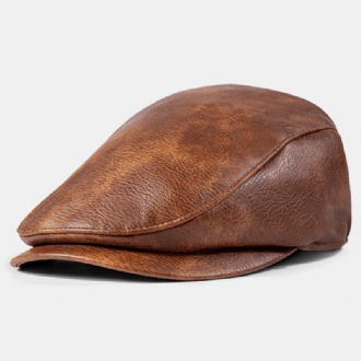 Män Pu-läder Ensfärgad Absorbera Svett Andningsbar Basker Platt Keps Casual Warmth Newsboy Hatt Framåt Hatt