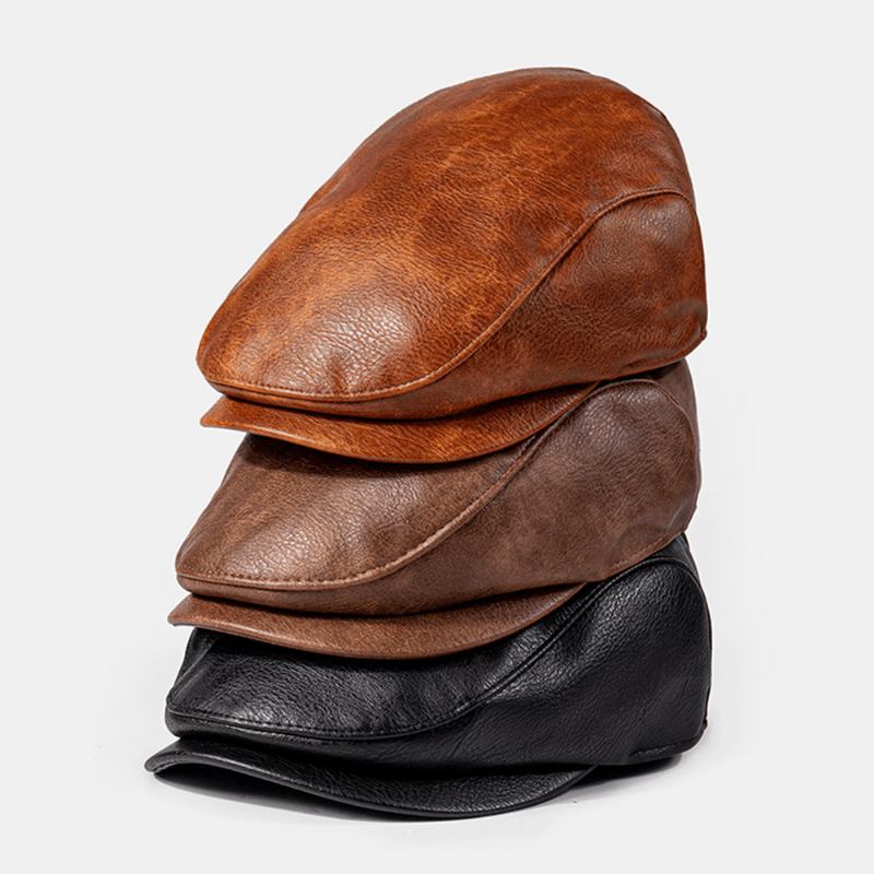 Män Pu-läder Ensfärgad Absorbera Svett Andningsbar Basker Platt Keps Casual Warmth Newsboy Hatt Framåt Hatt