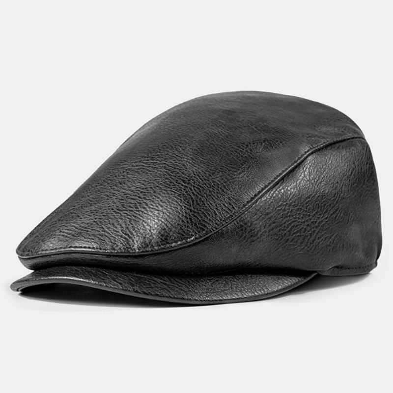 Män Pu-läder Ensfärgad Absorbera Svett Andningsbar Basker Platt Keps Casual Warmth Newsboy Hatt Framåt Hatt