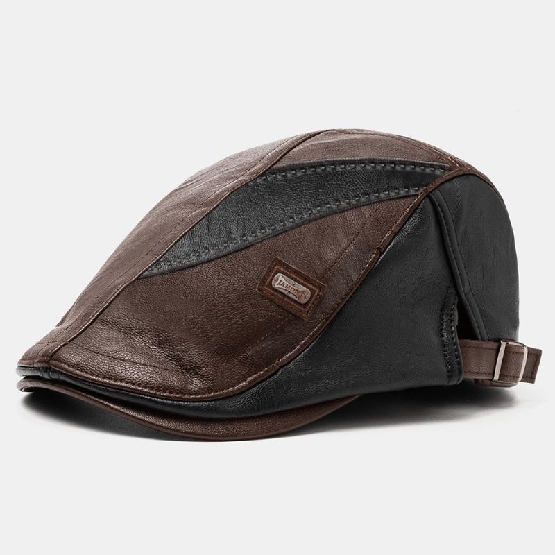 Män Pu Läder Retro Casual Kontrast Färg Newsboy Hat Fram Hat Basker Hat