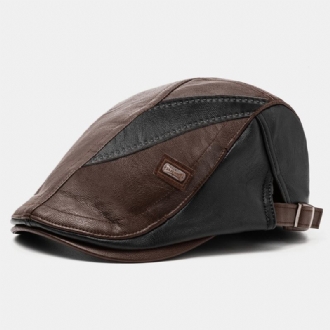 Män Pu Läder Retro Casual Kontrast Färg Newsboy Hat Fram Hat Basker Hat