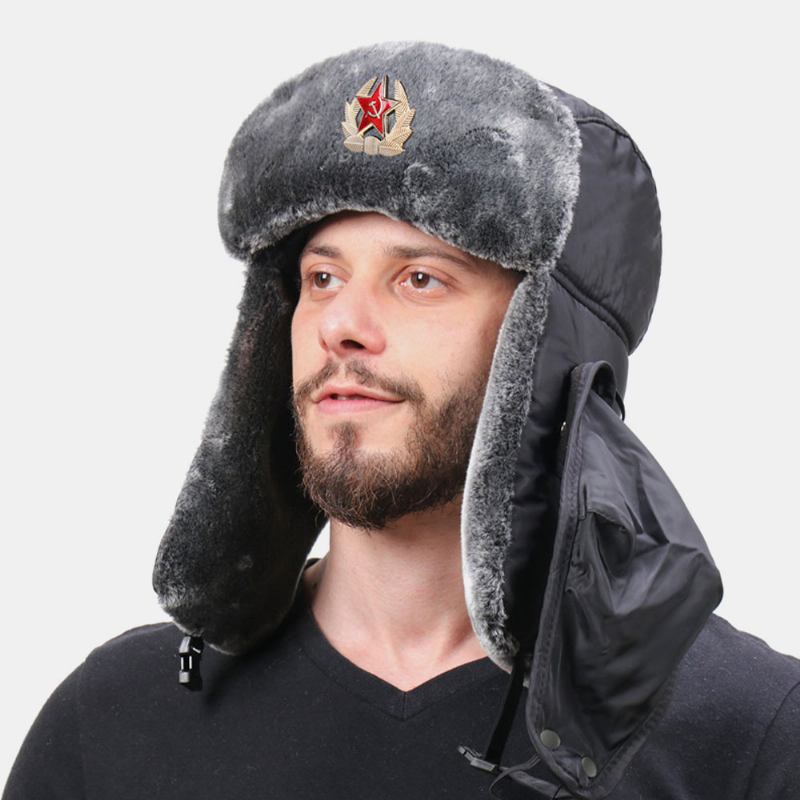 Män Solid Soviet Badge Vindtät Trapper Hat Utomhus Tjocka Öronskydd Varm Rysk Hatt Ushanka Hat