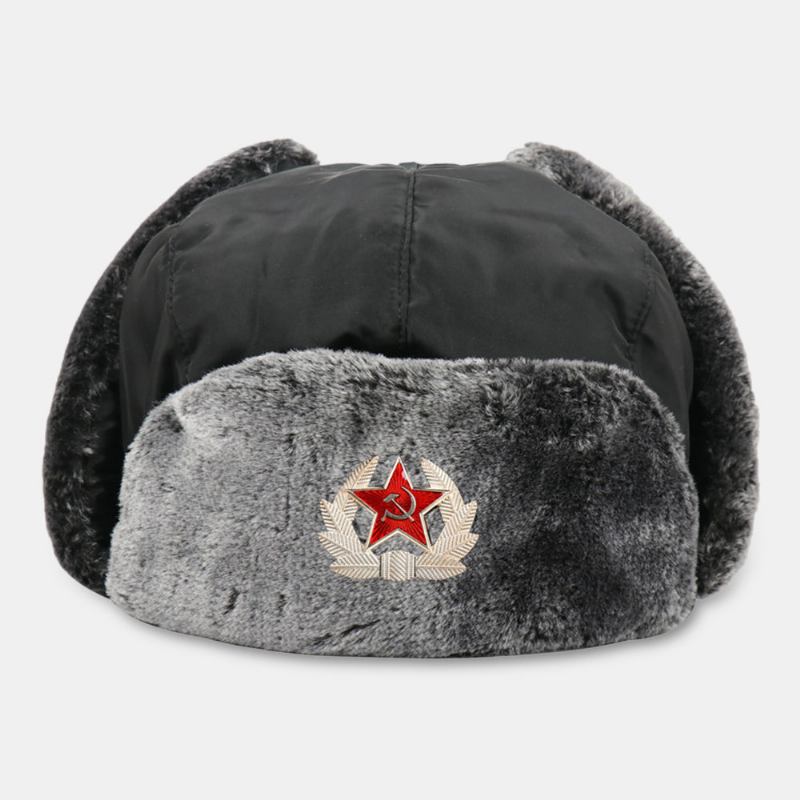 Män Solid Soviet Badge Vindtät Trapper Hat Utomhus Tjocka Öronskydd Varm Rysk Hatt Ushanka Hat