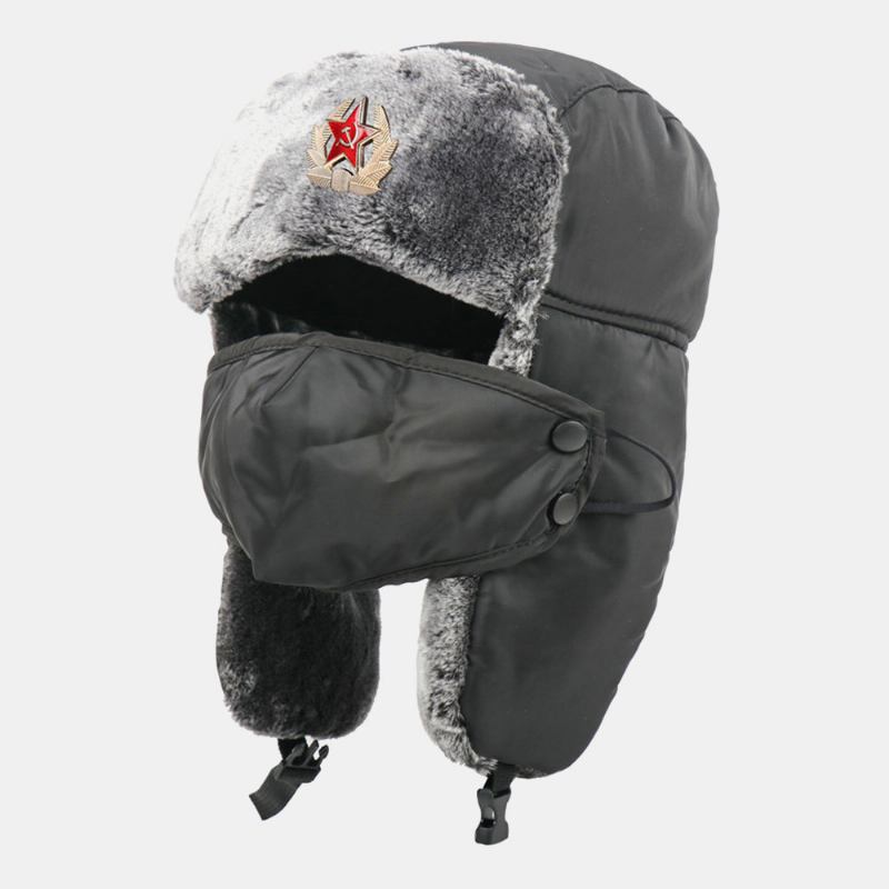 Män Solid Soviet Badge Vindtät Trapper Hat Utomhus Tjocka Öronskydd Varm Rysk Hatt Ushanka Hat