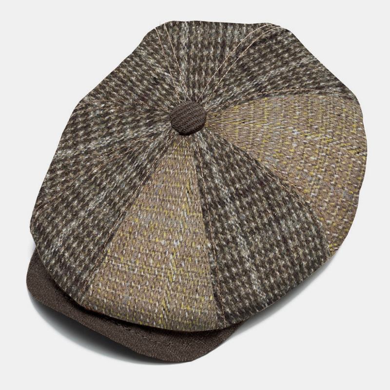 Män Stickad Pinstripe Pläd Twill Tyg Hatt Brätte Vintage Värme Octagonal Hat Flat Cap